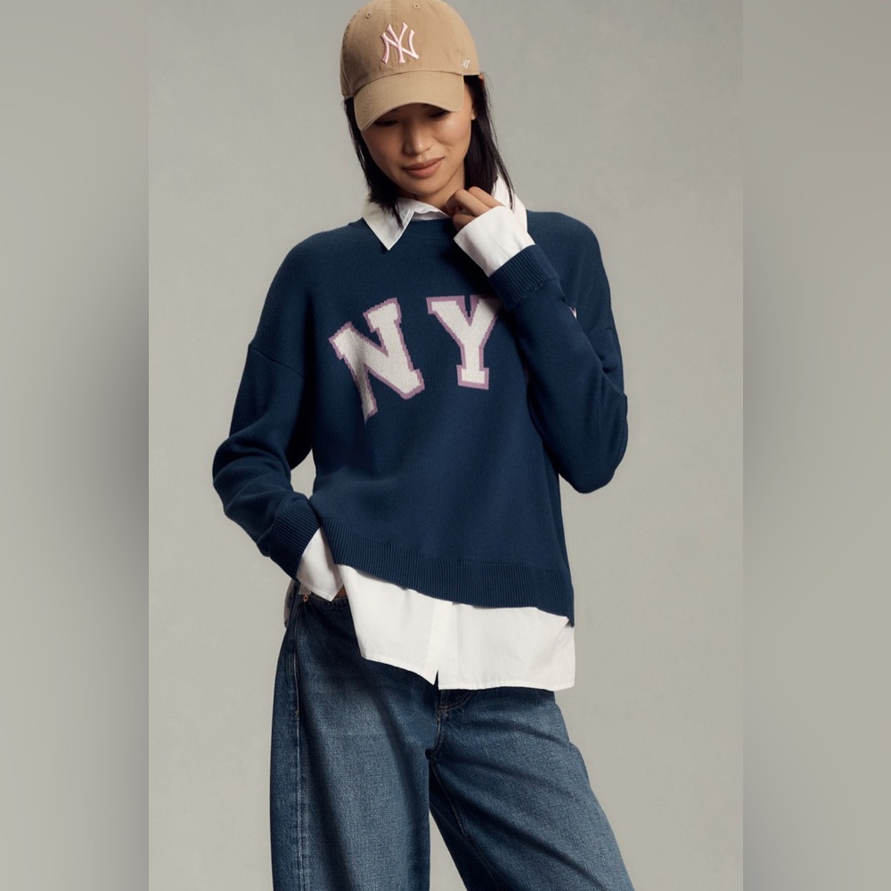 Maeve Navy Sweater with White and Pink Details